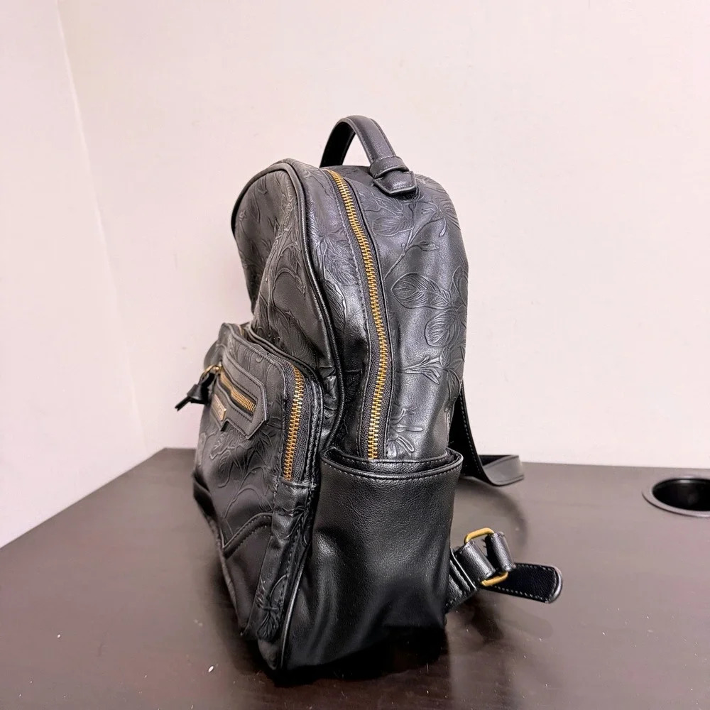 Frye and Co Black Floral Flower Embossed Faux Leather Dome Backpack Bag Western - Picture 3 of 10